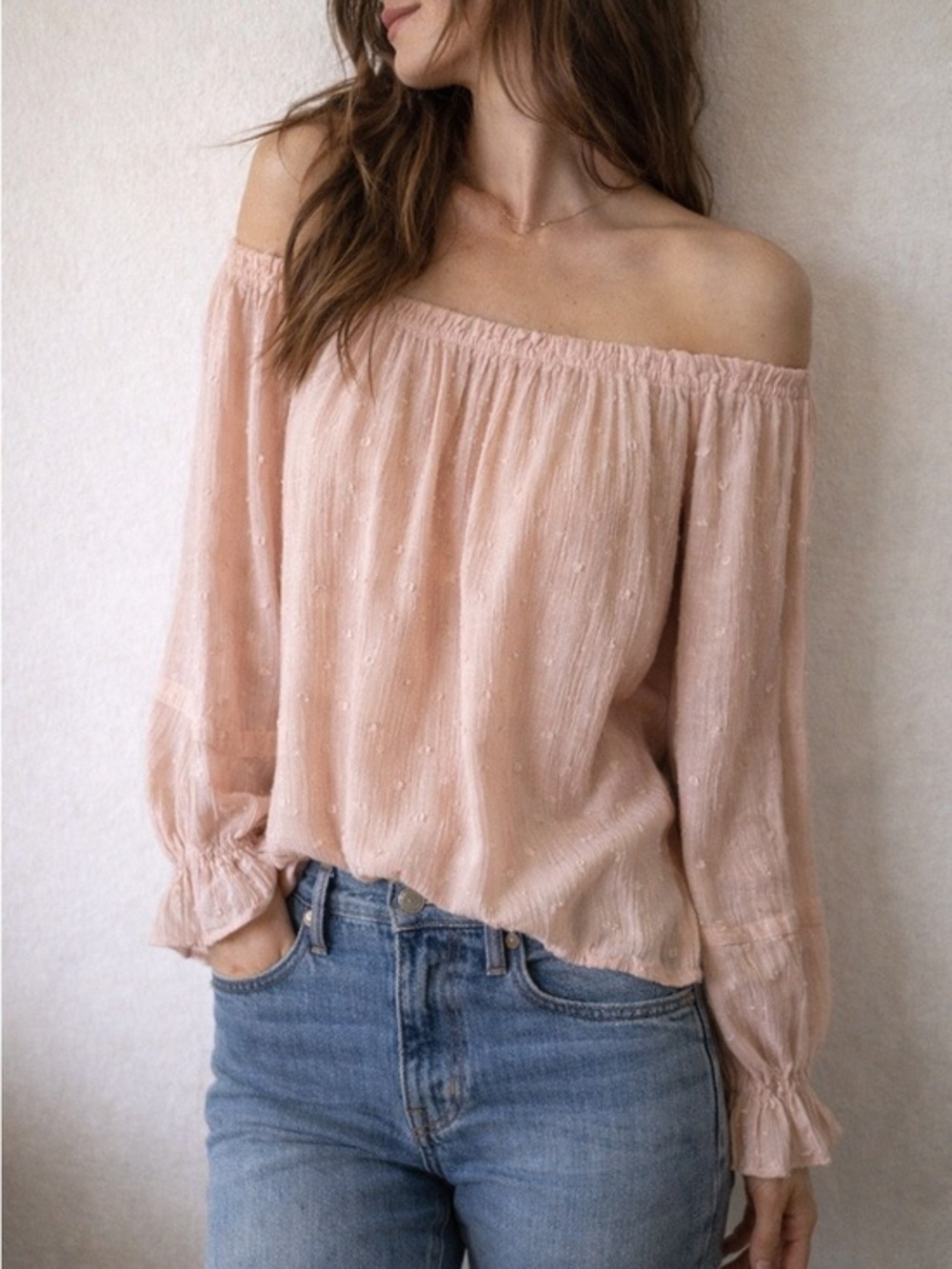 Peach Love Pink Metallic Stripe Swiss Dot Peasant Top M Balletcore